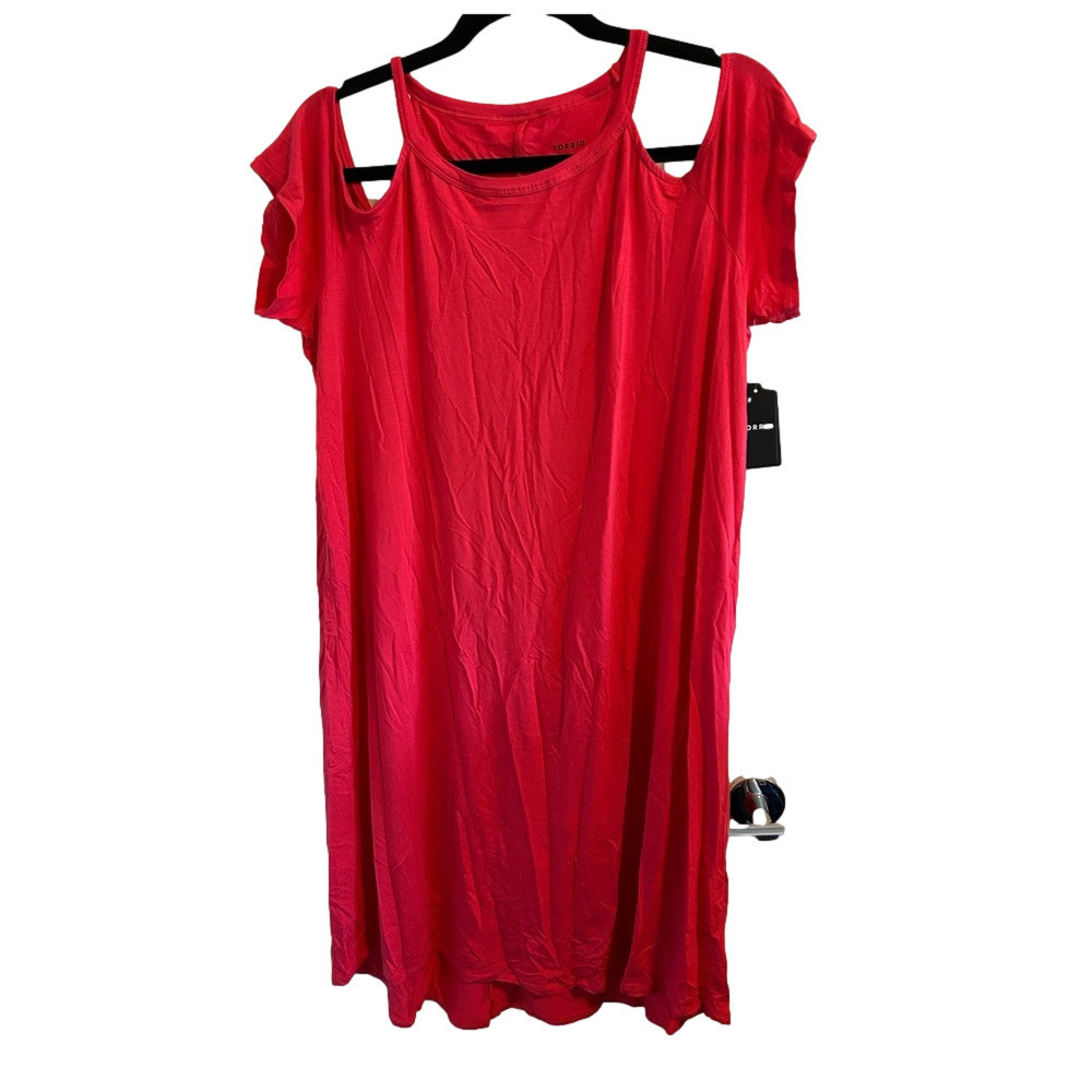 TORRID Super Soft Cold Shoulder Mini Dress‎ Bright Berry Red Sz 1X Vacation - Picture 12 of 14